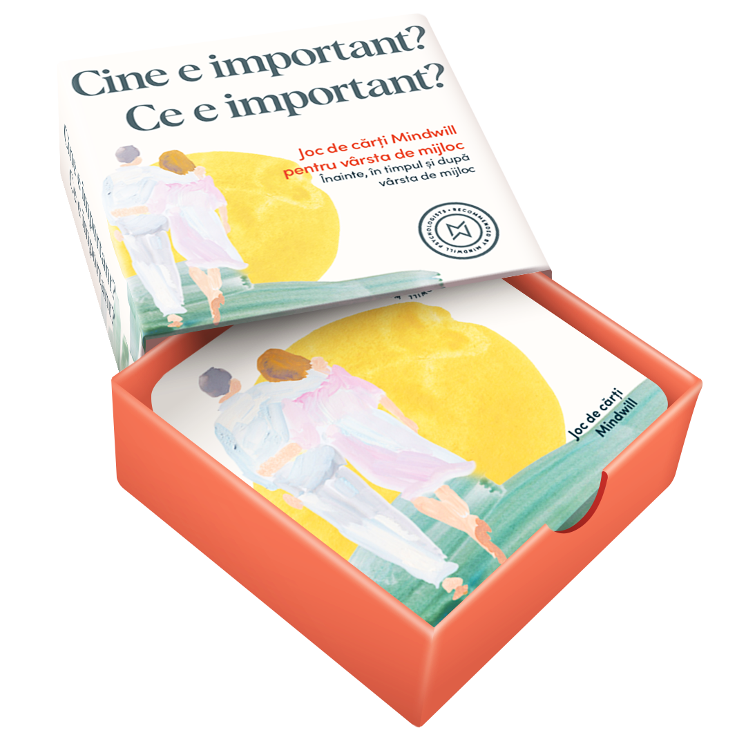 Joc de cărți Mindwill pentru vârsta de mijloc cu 132 de întrebări și 12 exerciții: Cine e important? Ce e important?