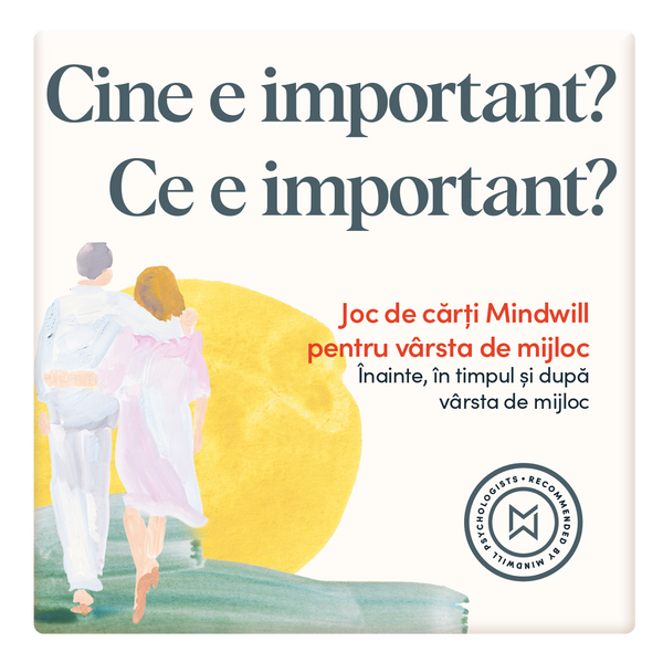 Joc de cărți Mindwill pentru vârsta de mijloc cu 132 de întrebări și 12 exerciții: Cine e important? Ce e important?